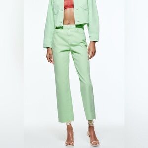 Zara Wide Leg Cropped Jeans Frayed Pastel Light Green Mint Size 2